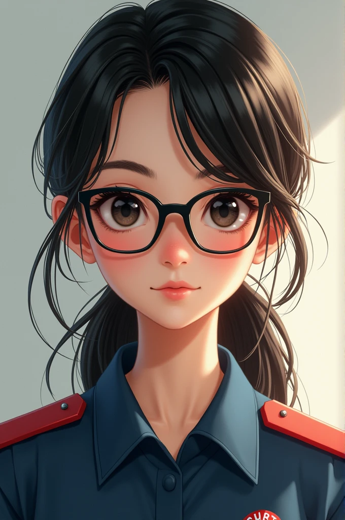Young female paramedic with big black eyes and glasses, small mouth, black hair and light brown hair