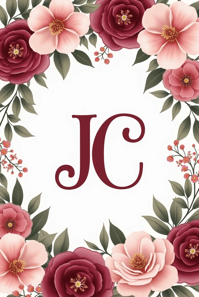 Wedding invitation with flowers in rose and elegant marsala colors, with initials J and C.