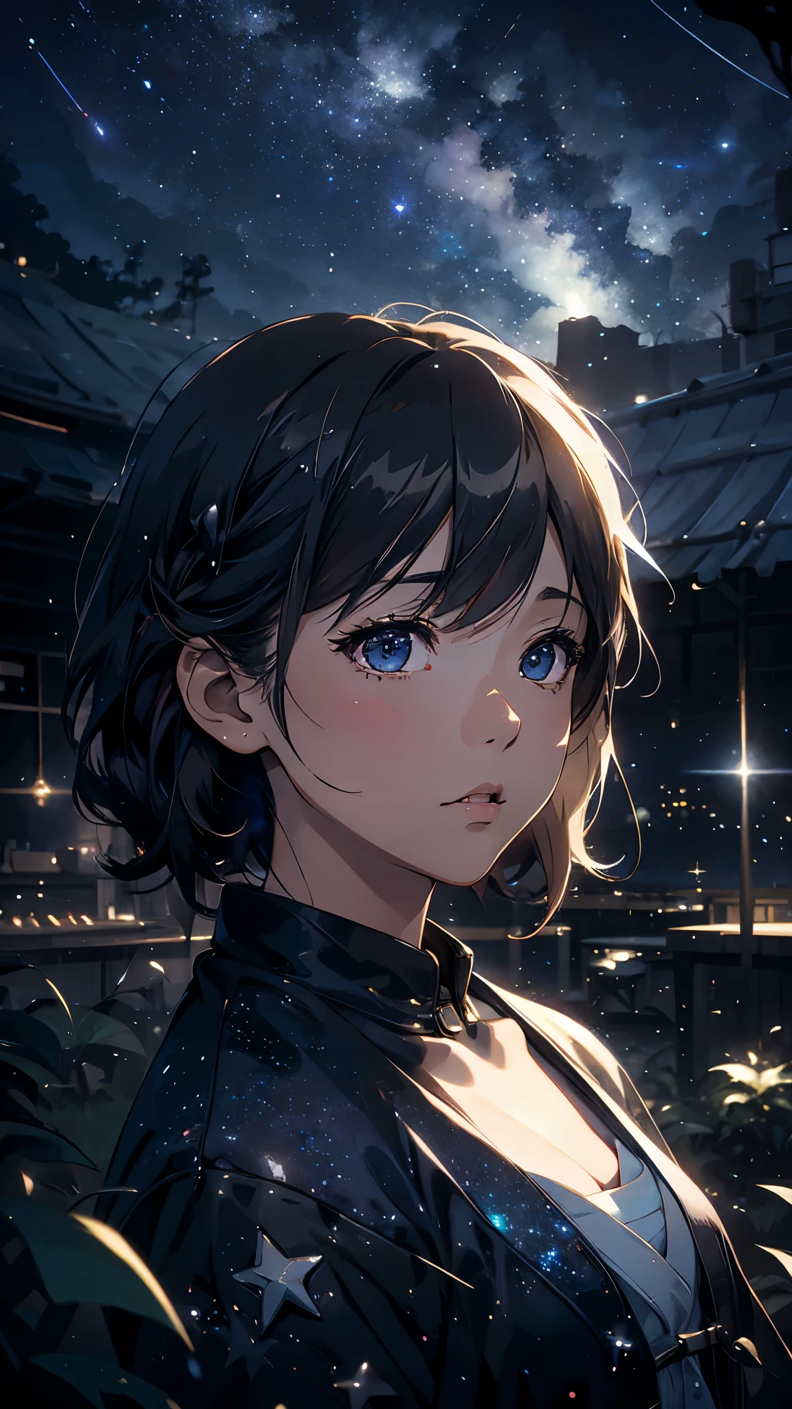Starry Sky, A girl thinking about space, fluffy, Realistic, Airglow refraction, Nikon D850 film stock photos、Photo by Lee Jeffries ,Beautiful anime scenery, Fantasy