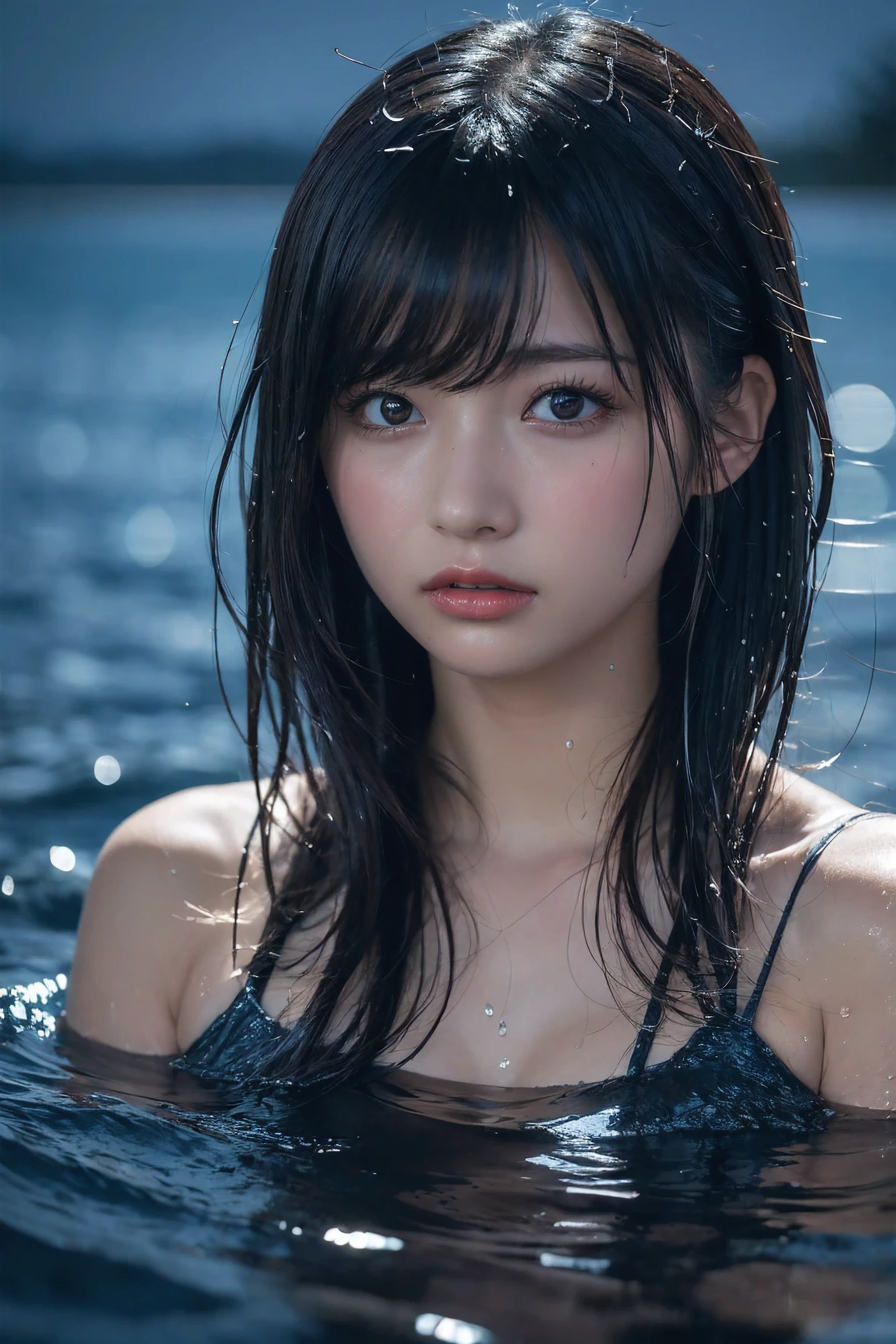 (Abstract Art:1.5), , 1girl in, silverlong hair, Dark eyes, Perfect Skin, Perfect face, Wet shirt, Night, A sexy, dreary atmosphere,liquids:1.3, Floating in the sea