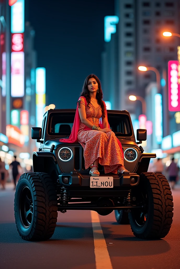 A girl in punjabi suit sitting on the black Thar 26inches alloys in night at tokyo with orange and pink neon lights