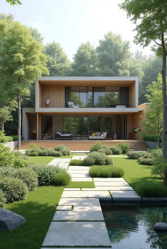 Give me the architectural plan of an introspective house with a lot of garden