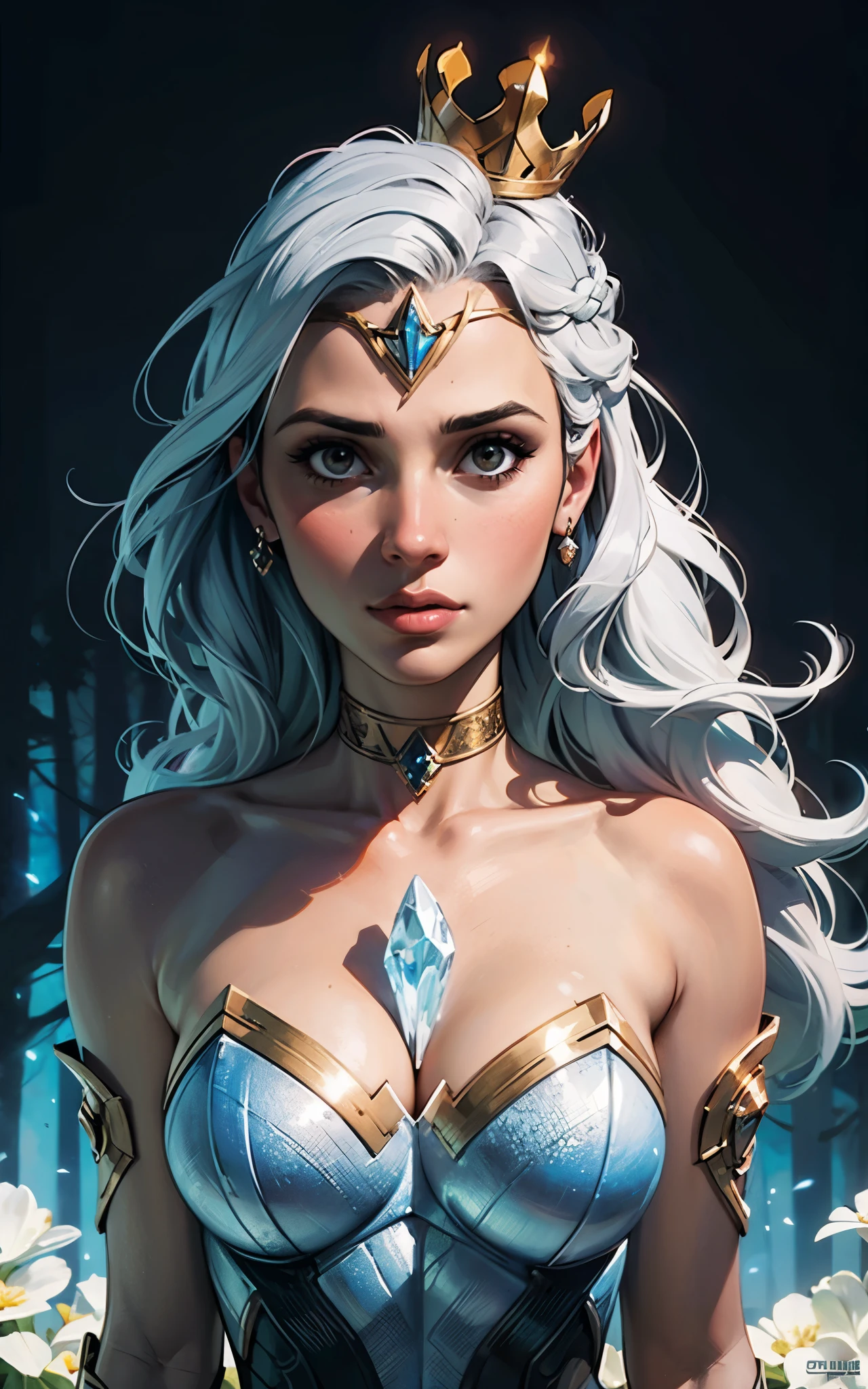 (Gal Gadot) with platinum hair, in a dress of ice flowers, a beautiful crown on her head, detailed face, detailed skin, front, background frozen forest, cover, unzoom, choker, hyperdetailed painting, luminism, Bar lighting, complex, 4k resolution concept art portrait by Greg Rutkowski, Artgerm, WLOP, Alphonse Mucha, little fusion pojatti realistic goth, fractal isometrics details bioluminescens : a stunning realistic photograph 30 years
