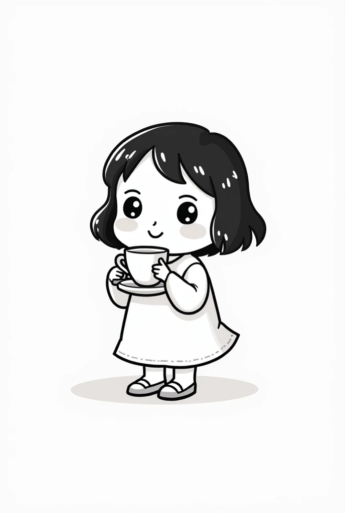 (Most of the background is solid white color.),Simple little cute cartoon girl, doodle, minimalist, black and white, drinking tea