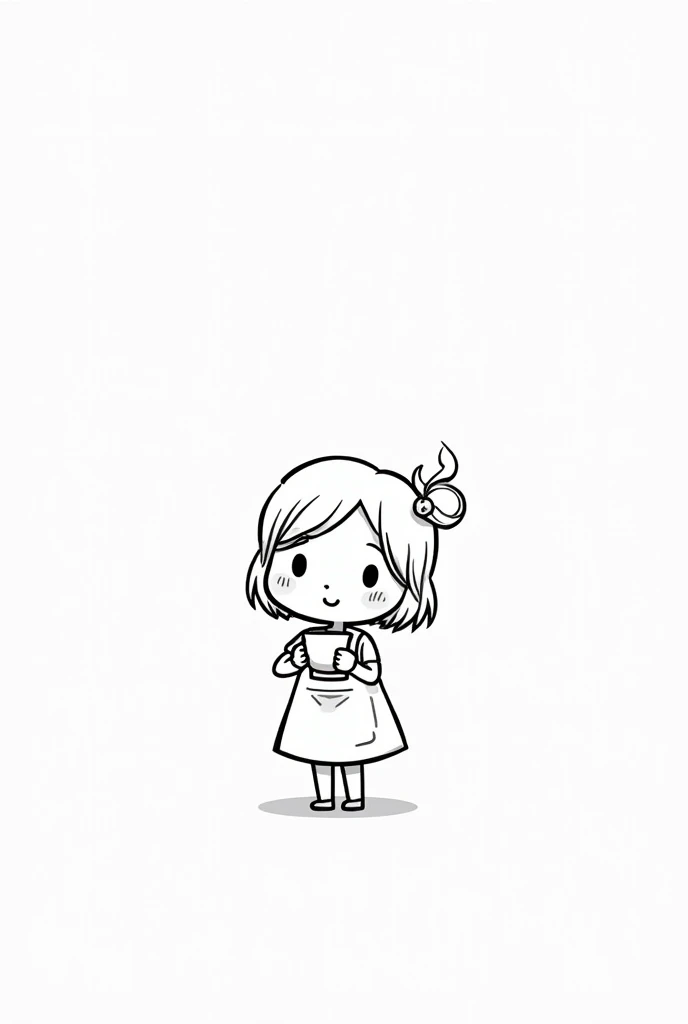 (Most of the background is solid white color.),Simple little cute cartoon girl, doodle, minimalist, black and white, drinking tea