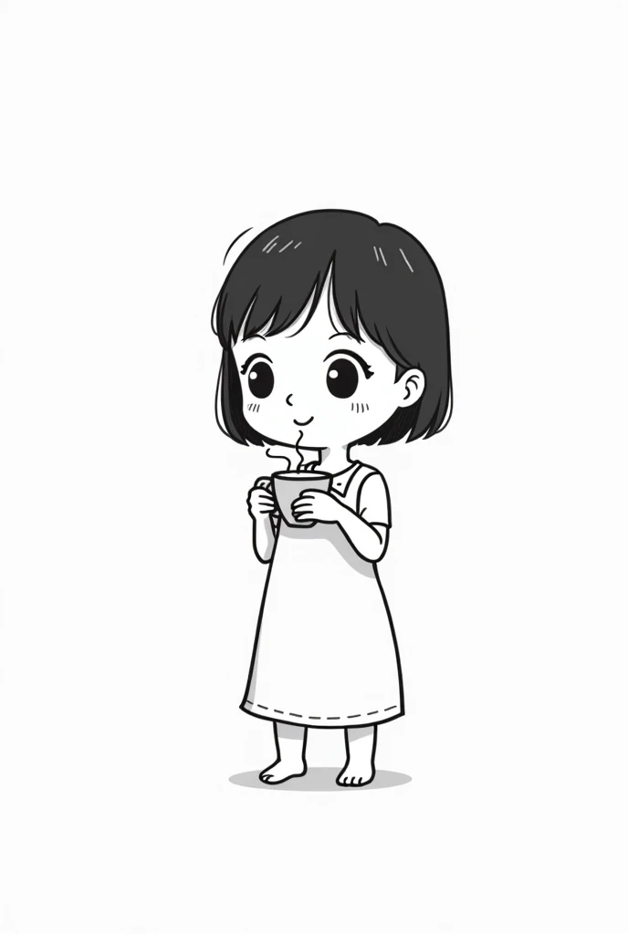 （Most of the background is solid white color.），Simple little cute cartoon girl, doodle, minimalist, black and white, drinking tea