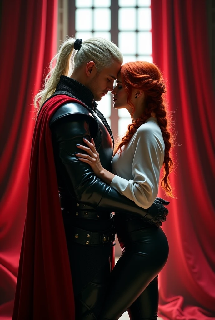Create a prince of hell, May he be tall and handsome, that he has dark armor with a red cape, that she has long white hair tied in a high ponytail with some loose locks, that he is passionately kissing a beautiful redhead woman, She has her hair tied back in a single braid, that she is dressed in a white shirt and leather pants, Put them both behind a red curtain as if they were hiding against a large window.