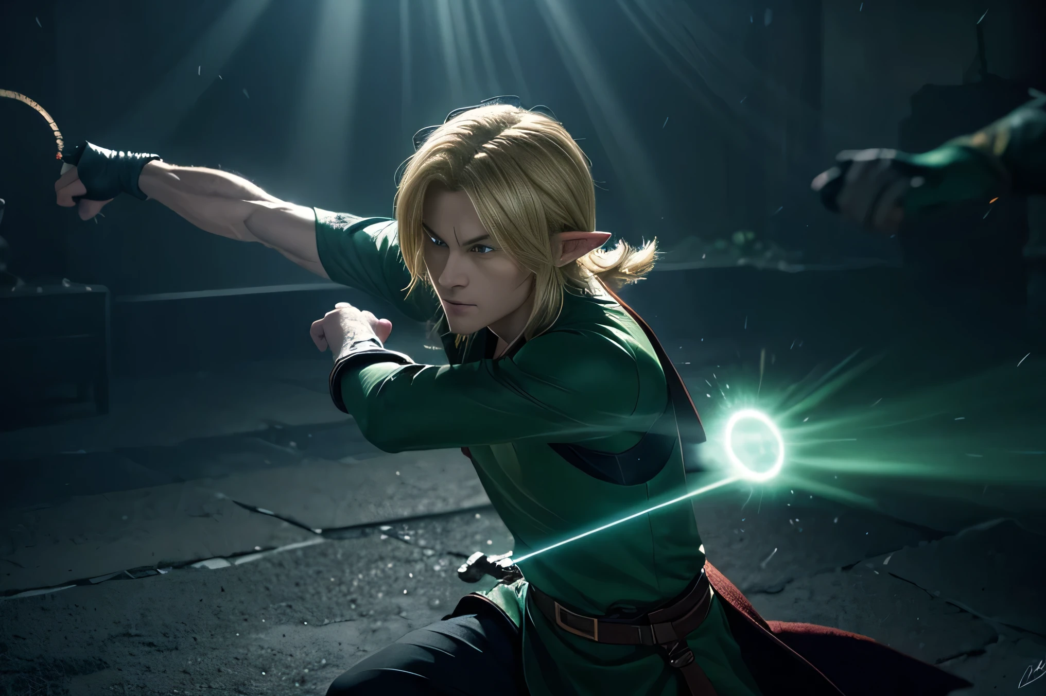 In a dimly lit, shadowy room, a blonde Link is depicted in a dynamic pose, skillfully evading an incoming attack from an unseen enemy. The room is filled with ominous darkness, illuminated only by faint, eerie light sources casting long, dramatic shadows. Link's striking blonde hair contrasts sharply with the dark surroundings, adding a touch of brightness to the scene. He is dressed in his signature green tunic, which, despite the darkness, is detailed with intricate designs that subtly catch the light. His eyes are focused and alert, reflecting his concentration and agility as he deftly dodges the attack. The movement of the attack is blurred, emphasizing the speed and intensity of the encounter. The atmosphere is tense and suspenseful, capturing the high-stakes nature of the battle and Link's impressive reflexes.