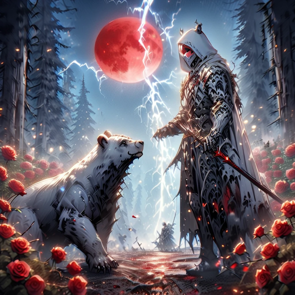 Dynamic picture where a man with a white hood with bear ears and a katana sits riding a big polar bear in a forest while the blood moon shines, many Roses cover the ground and lightning falls from the sky. The man wears a red blindfold.