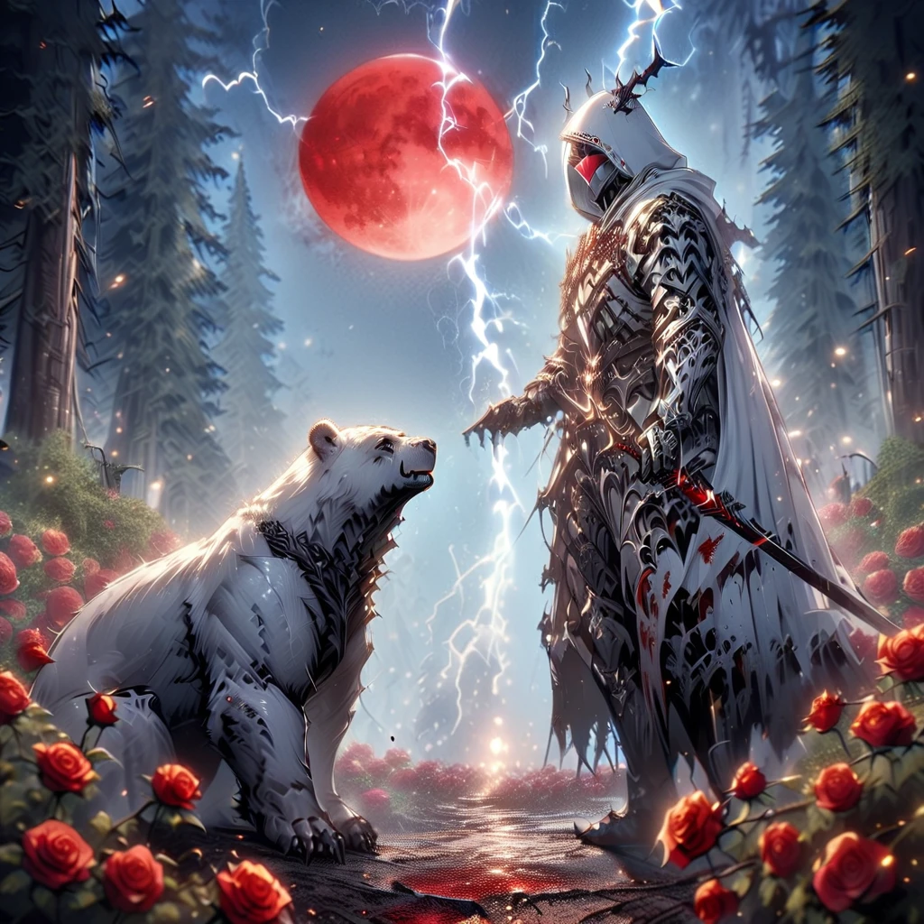 Dynamic picture where a man with a white hood with bear ears and a katana sits riding a big polar bear in a forest while the blood moon shines, many Roses cover the ground and lightning falls from the sky. The man wears a red blindfold.