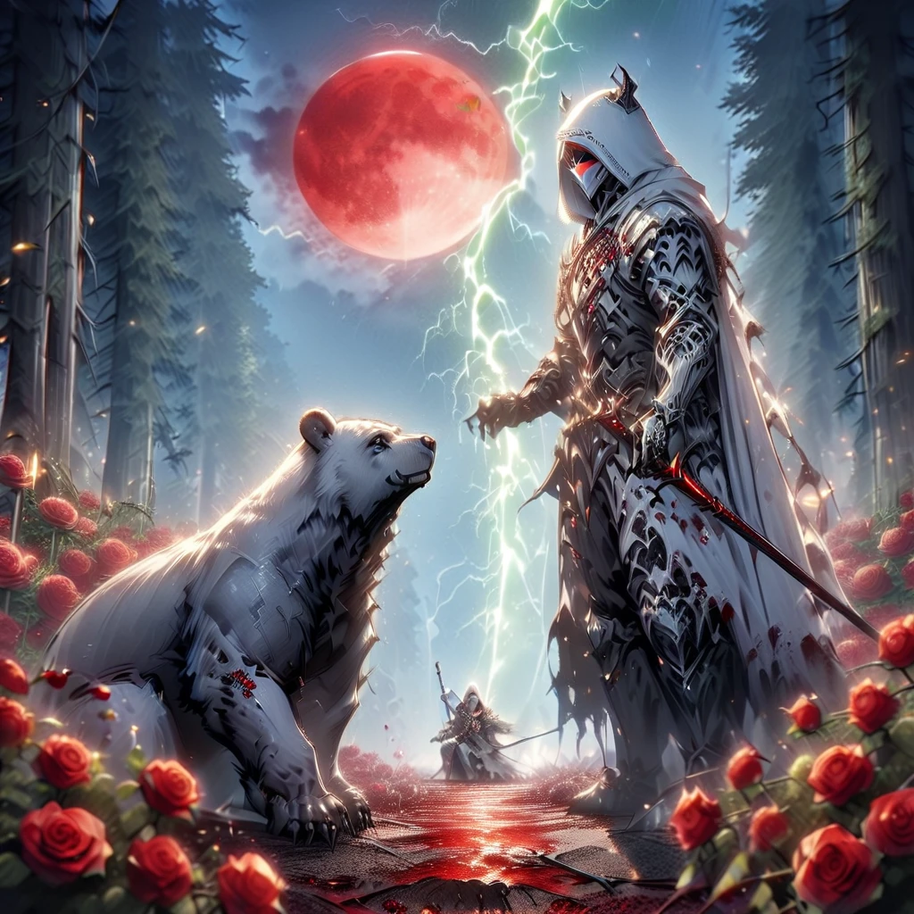 Dynamic picture where a man with a white hood with bear ears and a katana sits riding a big polar bear in a forest while the blood moon shines, many Roses cover the ground and lightning falls from the sky. The man wears a red blindfold.