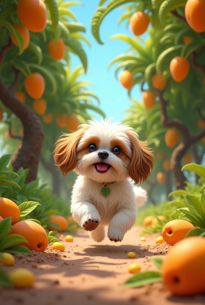 Create a Shih Tzu dog running around in a ripe mango orchard.