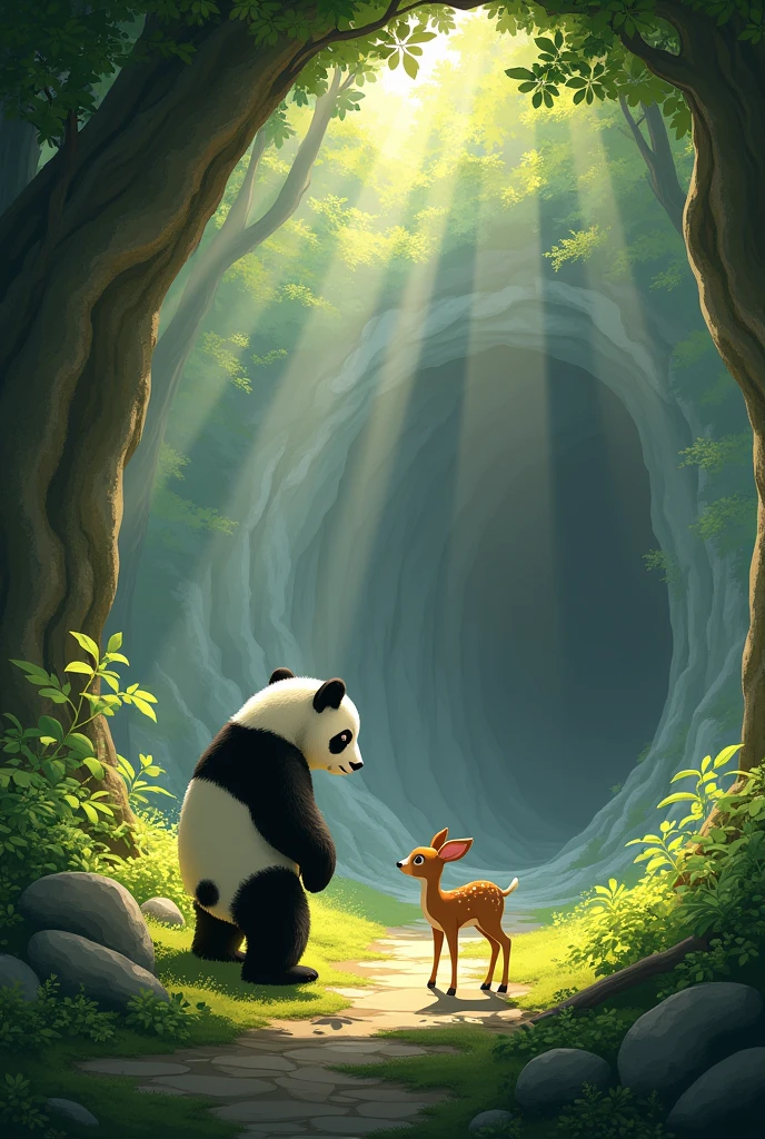 In a forest there are cute animals, a small deer and a big panda were looking into a big cave and they approached it.