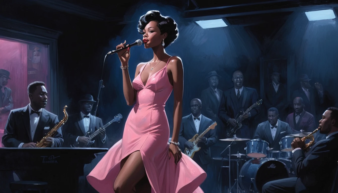 alabama bar, blue note, charismatic, baterist, guitarist, saxophonist, jazz band, pink dress, illustration, noir fantasy, lone singer lady,