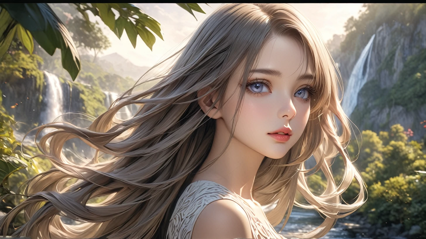 A serene waterfall surrounded by lush greenery, 1girl standing in awe, detailed realistic facial features, long flowing hair, beautiful detailed eyes,beautiful detailed lips,extremely detailed eyes and face,longeyelashes, elegant flowing dress, (best quality,4k,8k,highres,masterpiece:1.2),ultra-detailed,(realistic,photorealistic,photo-realistic:1.37),HDR,UHD,studio lighting,ultra-fine painting,sharp focus,physically-based rendering,extreme detail description,professional,vivid colors,bokeh,landscape,natural lighting,dramatic lighting,muted color palette,warm tones