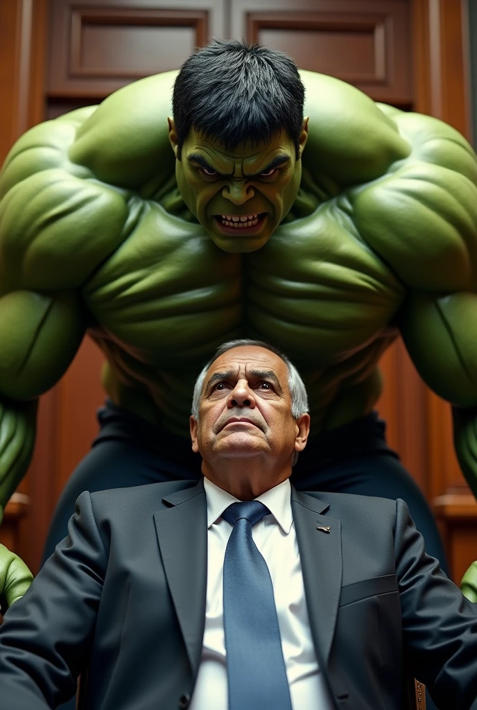 Could generate the image of the Hulk behind President Luis Inácio Lula da Silva in fear??