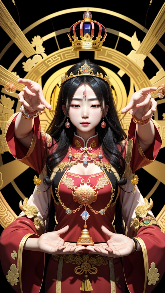 Department of China、Symmetrical、Economic fortune、crown、God、temple、Both hands hold a crystal at the chest、