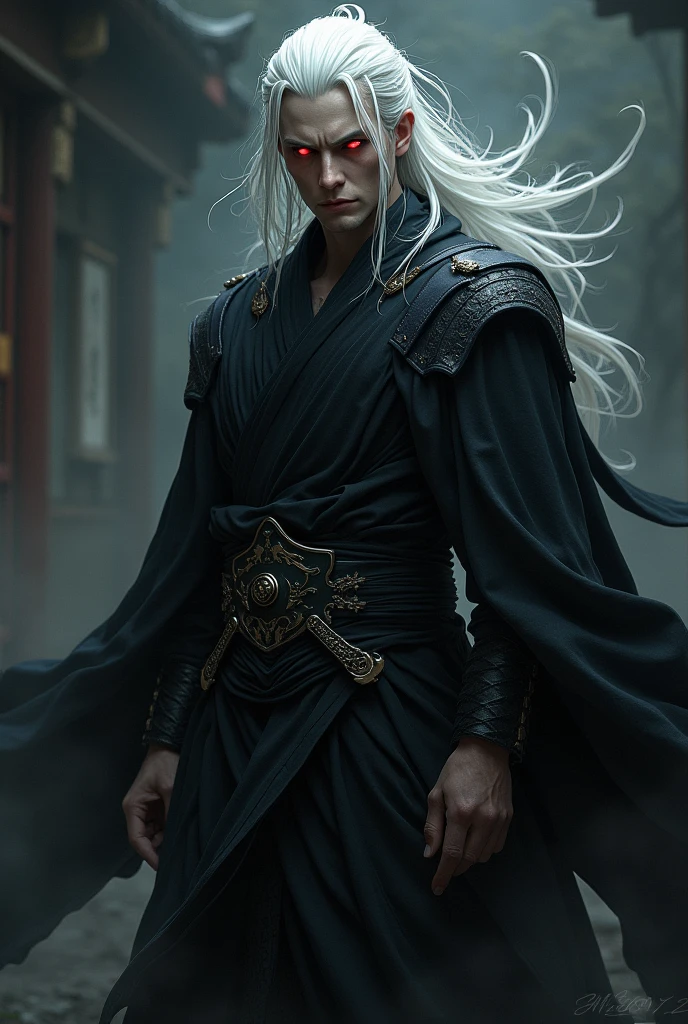 Red eyes, white hair, can use all kinds of magic, dresses in black tones, a man with short hair, carries a samurai sword, wears samurai-like clothing.