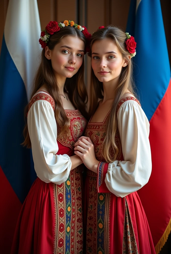 Girlfriends from Uzbekistan and Dagestan. holding each other's hands. both in national costumes. In the background the flags of Uzbekistan and Russia are equal