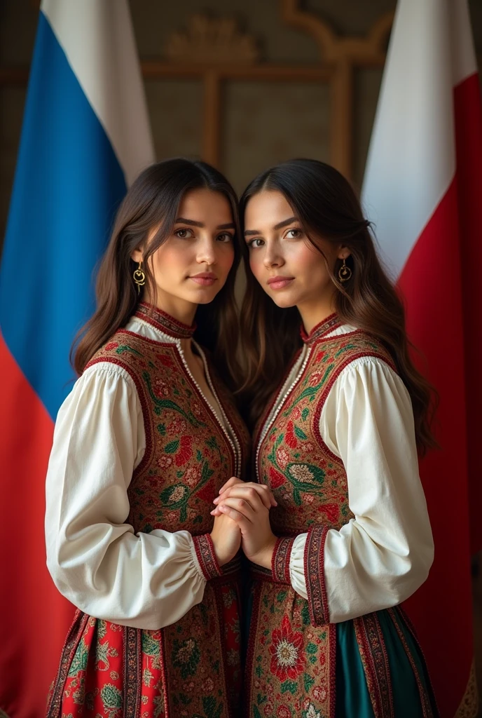 Girlfriends from Uzbekistan and Dagestan. holding each other&#39;s hands. both in national costumes. In the background the flags of Uzbekistan and Russia are equal 