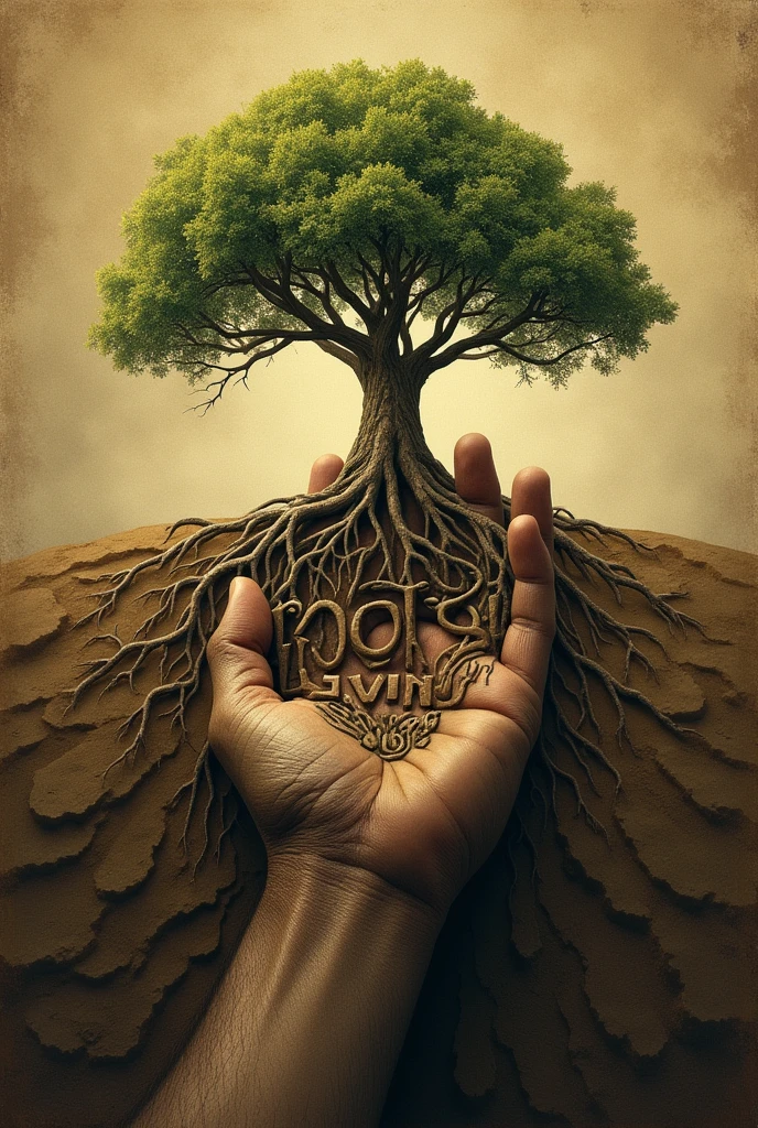 a hand emerging from the earth, supporting a tree with deep roots that intertwine with the letters of the name "living roots"