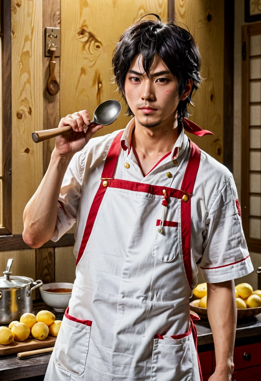 Hijikata、High nose、Are fat、Yellow skin、White apron、、Red Overalls