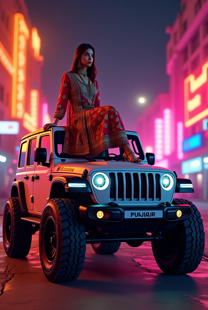 A girl in punjabi suit sitting on the black Thar 26inches alloys in night at punjab with orange and pink neon lights