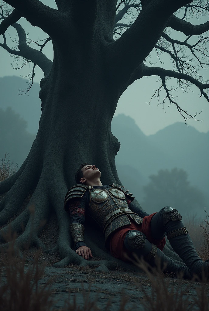 (photoréalisme:1.2), guerrier en train de mourir au pieds d'un arbre a la tombee de la nuuit, courage grandeur