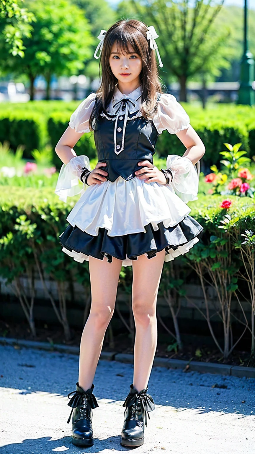 (8k、RAW Photos、Highest quality、masterpiece:1.2)、(Realistic、Realistic)、1 girl、((black and white、mini skirt、Goth、See-through、大きなribbon、Frills、boots、ribbon、garden、Thin legs、whole body、View from the front、Looking into the camera、Stand with hands on hips))、cute