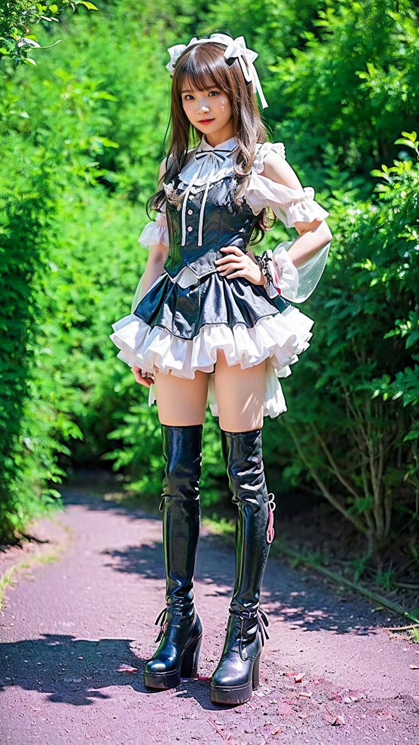 (8k、RAW Photos、Highest quality、masterpiece:1.2)、(Realistic、Realistic)、1 girl、((black and white、mini skirt、Goth、See-through、大きなribbon、Frills、boots、ribbon、garden、Thin legs、whole body、View from the front、Looking into the camera、Stand with hands on hips))、cute
