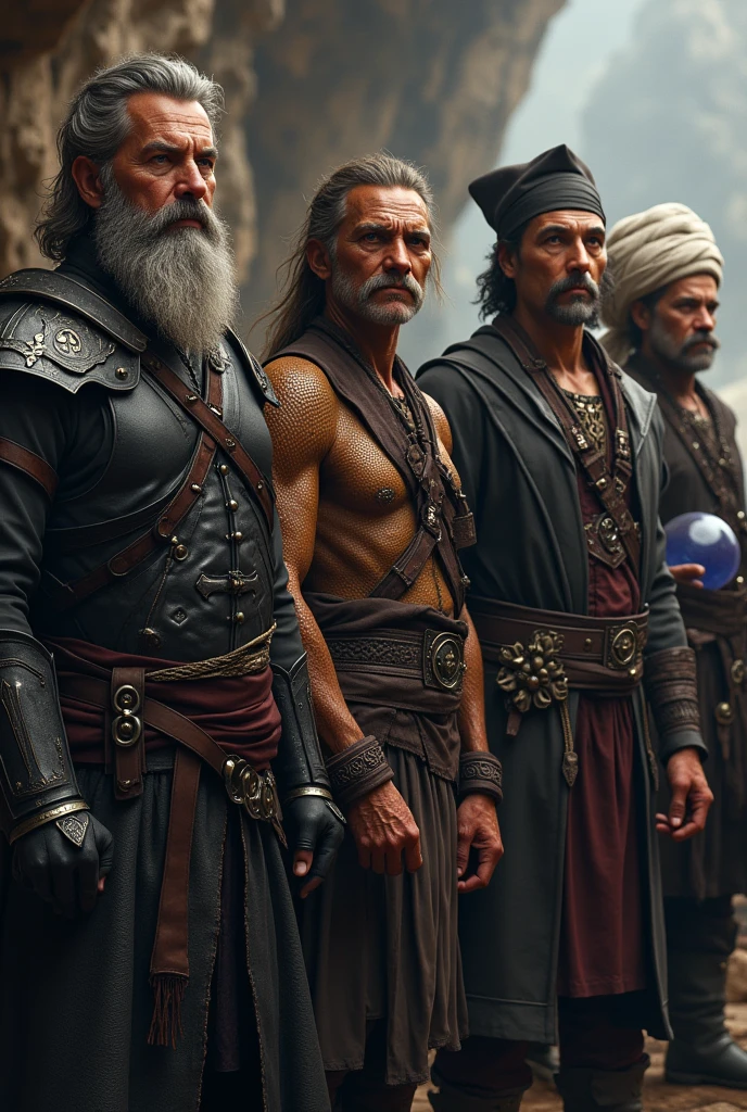 A group of adventurers consisting of a paldin wearing black armor, the paladin is around 40 years old and has gray hair and beard, a brass-colored rogue dragonborn, a pirate dressed entirely in black wearing an oriental straw hat and a wizard with a white turban and a beautiful, thin mustache and carrying a crystal ball. Image generated in a photorealistic style