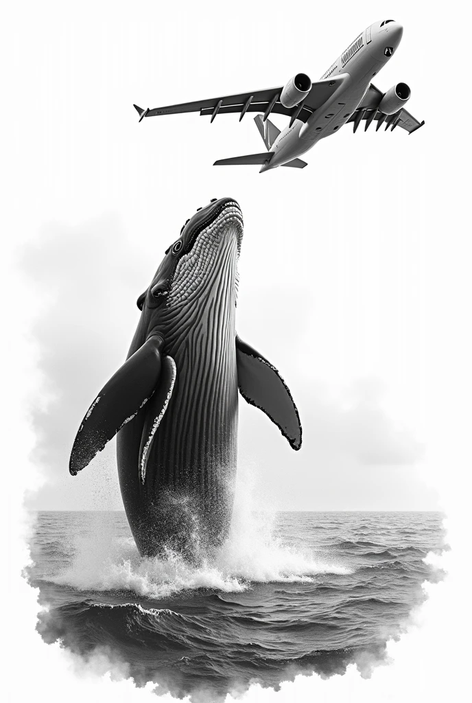 Create a realistic black and white arm tattoo of a HUMPBACK WHALE jumping on its back and looking at a TWIN ENGINE Airbus a380 flying over the sea.