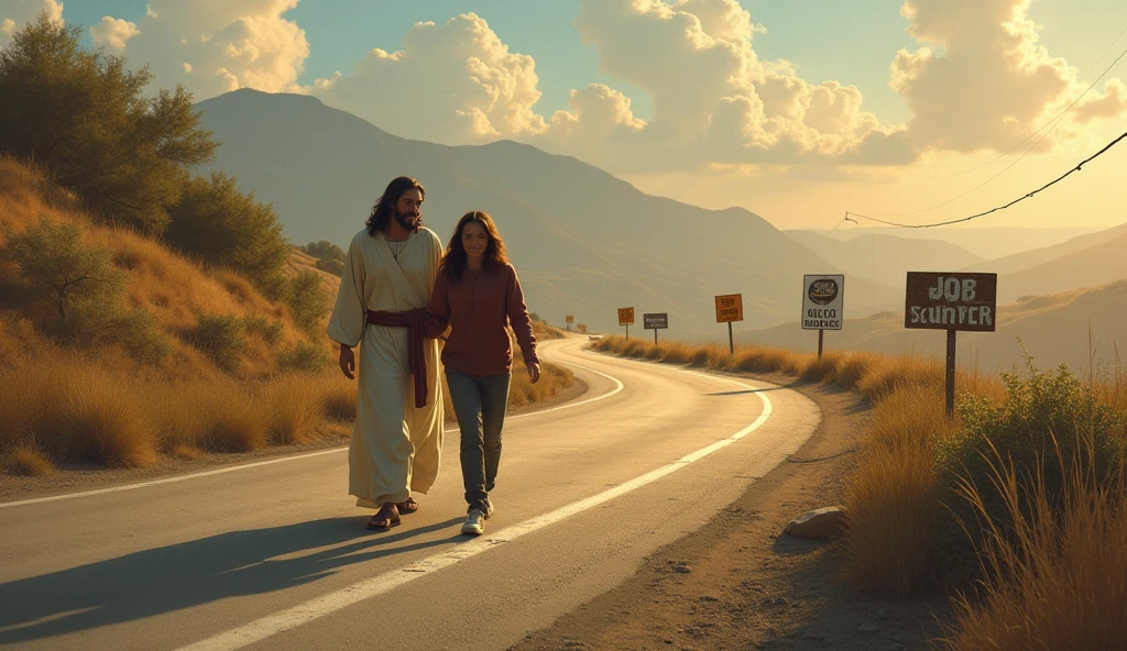 Christ walking beside a worried person on a winding road, with job signs on the horizon.