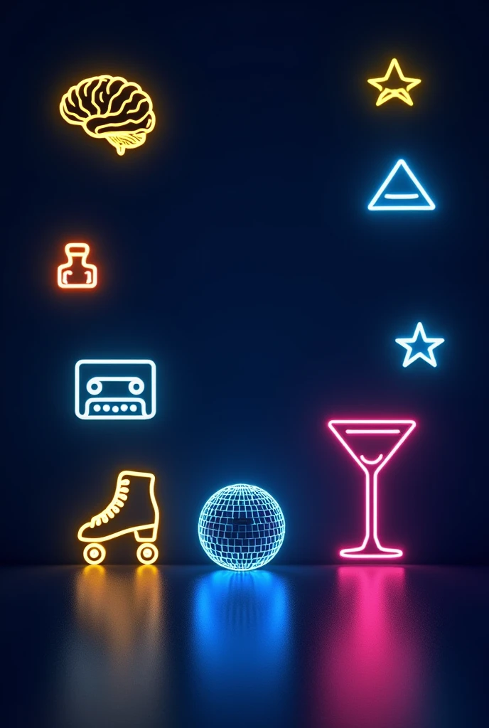 reate a dark navy-blue background with neon colors—yellow, blue, and pink. Feature a few large, minimalist neon icons around the edges, including a brain, a cassette tape, a roller skate, a cocktail glass, and a disco ball