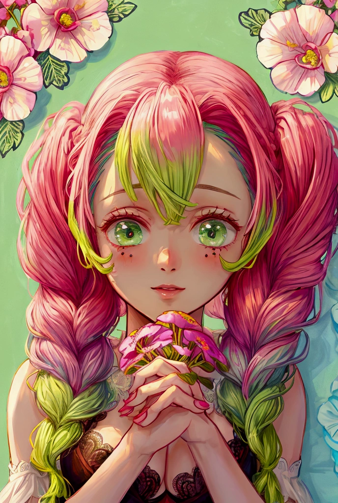 Convert your flower art into a hand-drawn illustration.、Create backgrounds with vibrant colors and unique touches The type of flower is statice、Gypsophila、sweet pea、Mix in some lace flowers, (arms down), portrait, face portrait, big breasts, cleavage, pink hair, green eyes, twin tails, (green highlights), green braids, (arms and hands down)