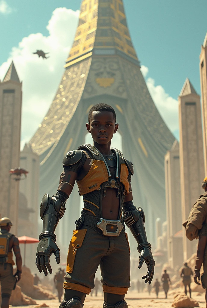 A rebel African boy with robot parts infront of a temple in a futuristic world