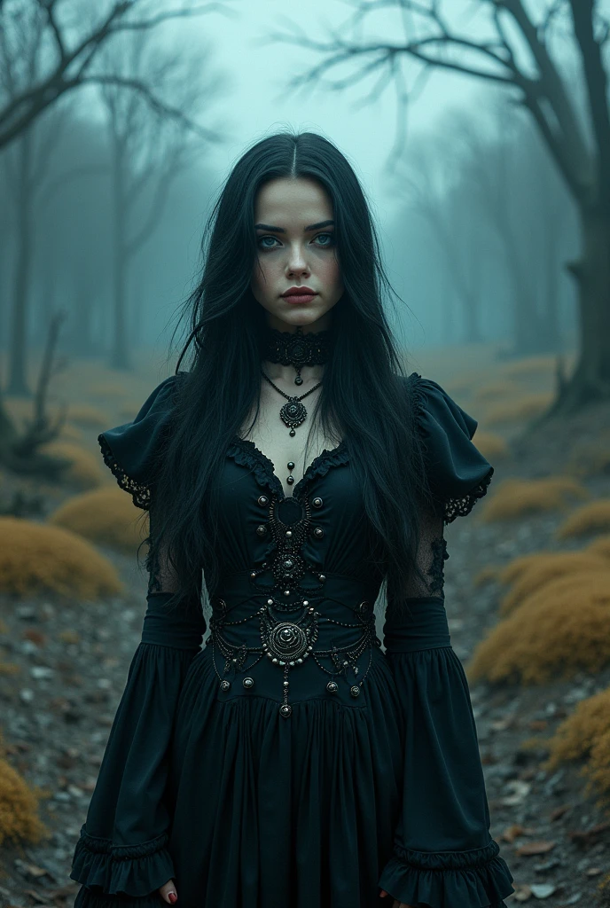 (best qualityer,32 mil,High definition,4x ,ultra sharp, high resolution, proffesional) ,cinematographic, horor,  Fisheye photography:1.6,1 beautiful gothic girl, witch, demonic, medieval clothes, black, circles, fractals,(black outline art), colors, land, Cyan, yellow, Unripe. magenta, violet, Cyan, High definition