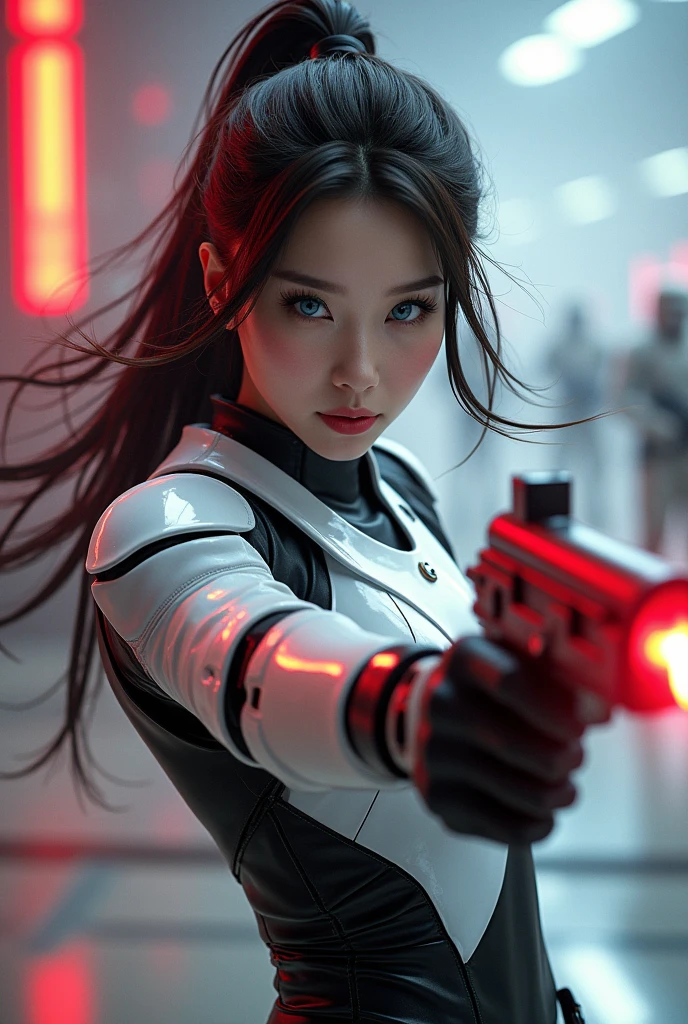 (masterpiece, best quality, beauty, best ratio, best shadows,best Illustration, wallpaper size,1080×2400 pixels, detailed face, pastel colors)  star wars theme.
uhd, china female kungfu, korean beauty like tae yon, face fully visible, shooting pose, shining blue eyes, windblown hair, wear white and black futuristic full leather armory suit, left hand holding futuristic gun emits red energy with a shooting presence, on top background of an airport in outer space with red and orange signal lights flashing, outer space city, space rider sand space troops seen on far away. use the RenderMan renderer.digital art. High definition, high contrast,high color saturation,128k,cinematic lighting, intricate,cinematic advertising photograph,cinema lens, super high res.