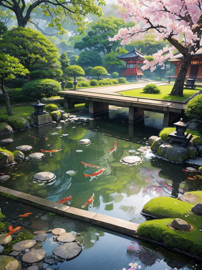 A serene Japanese garden, lush greenery, koi pond with stepping stones, pagoda, sakura trees in full bloom, tranquil atmosphere, 8k, best quality, masterpiece, realistic lighting, vibrant colors, cinematic composition