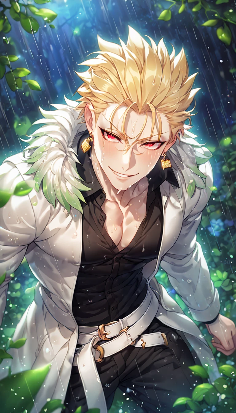 absurdres, highres, ultra detailed, HDR, master piece, best quality, extremely detailed, detailed eyes, detailed face, Gilgamesh, blonde hair, hair slicked up, ruffled hair, golden earrings, expressive red eyes, Fate Stay Night, solo, sexy man, handsome, horny, lewd, manly man, adult face, sensual, smile, wet, white coat with fur, black shirt, showing the chest, black pants, white belt, unbuttoned shirt, spring, flowers, green leaves, magical forest, dark fantasy, rain, night