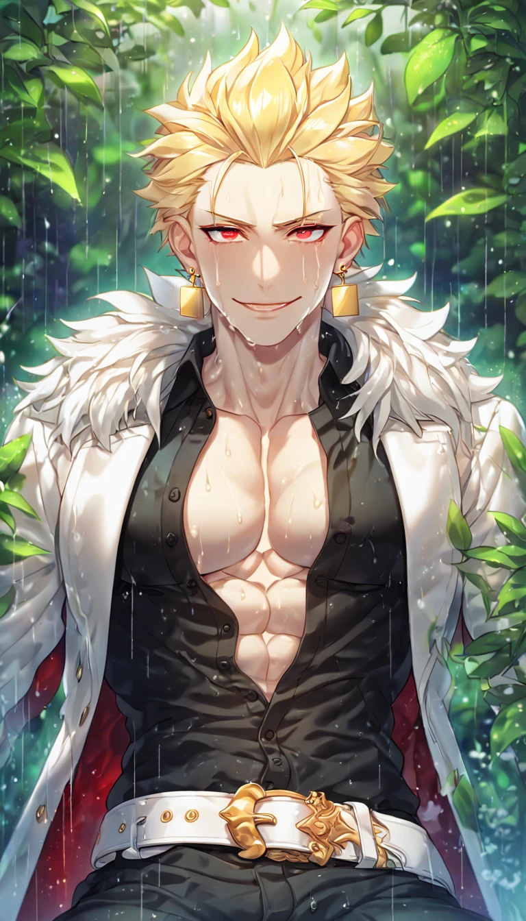 absurdres, highres, ultra detailed, HDR, master piece, best quality, extremely detailed, detailed eyes, detailed face, Gilgamesh, blonde hair, hair slicked up, ruffled hair, golden earrings, expressive red eyes, Fate Stay Night, solo, sexy man, handsome, horny, lewd, manly man, adult face, sensual, smile, wet, white coat with fur, black shirt, showing the chest, black pants, white belt, unbuttoned shirt, spring, flowers, green leaves, magical forest, dark fantasy, rain, night