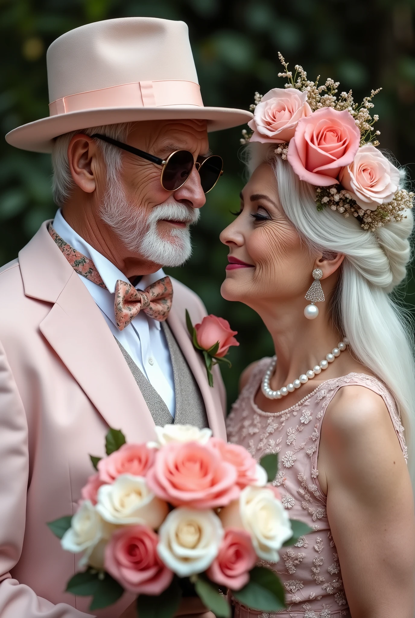 Styled portrait photograph featuring an elderly couple dressed in elegant, vintage-inspired attire. The man, with a white beard and mustache, wears a light pink suit, a matching hat, and dark sunglasses. He has a rose pinned to his lapel and a bow tie with a floral pattern. The woman, with long white hair, is adorned with a large floral headpiece and wears a floral dress with a pearl necklace. She holds a bouquet of pink and white roses. Both subjects have light skin and are gazing lovingly at e