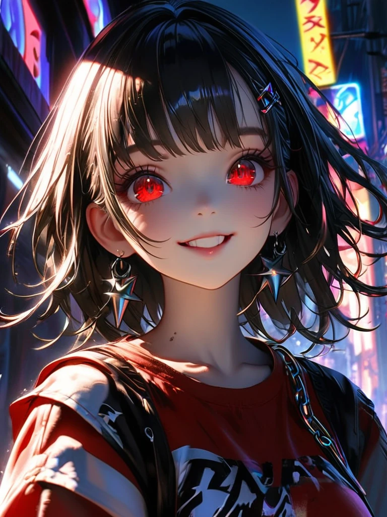 1 girl, chromatic aberration, Written boundary depth, Soft Light, masterpiece, Highest quality, complicated, Tone Mapping, A place where fireworks are set off at festivals. Concept Art, Smooth, Clear focus, Dramatic lighting, Very cinematic, super practical painting, アートステーション's trending, 8k, Incredible Shadows, practical,  whole body, View, Viewers, Portrait of a Girl 1, standing on street corner, Heavy rain and lightning、Dark Sky, neon and cyber punk background, she is dressed in punk clothing with silver chains and silver spikes, Her hair was dyed a bright black color..........Ominous aura of light, smile, punk, ciber punk, Backlight.Fashionable clothes、Friendly dress code:Wearing a cute red dress.My breasts are a little big.Beautiful red eyes