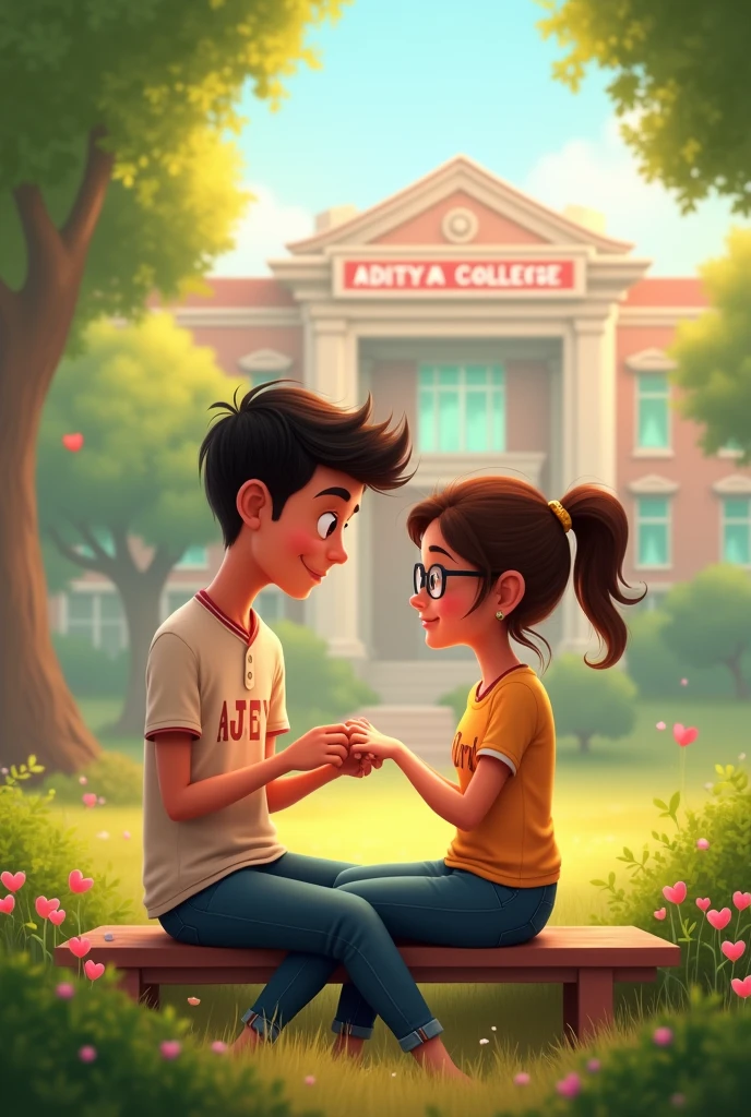 Ek girl or ek boy dono couple hai jo ek romentic jagah par bethe huye hai boy ki shirt par ajey or girl ki shirt par piru likha hua hai or girl ne chasma laga rakhi hai, boy girl ko hath me ring pahna raha hai , vo dono garden me bethe huye hai or pichhe ek college hai jis par aditya college ka banner laga hua hai hai aisi animation me image banao