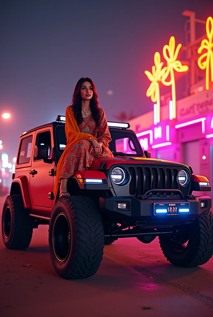 A girl in punjabi suit sitting on the black Thar 26inches alloys in night at punjab with orange and pink neon lights