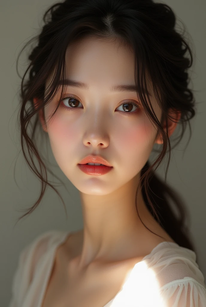 
brunette woman with asian features, front view
