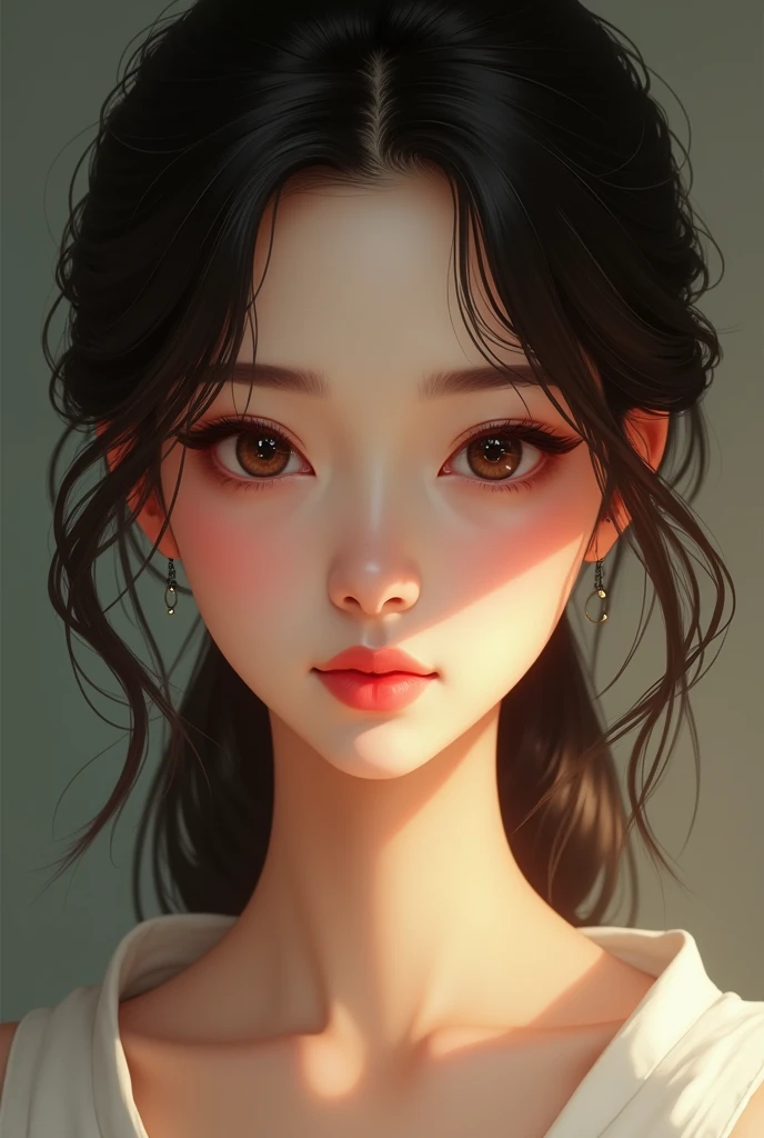 brunette woman with asian features, front view