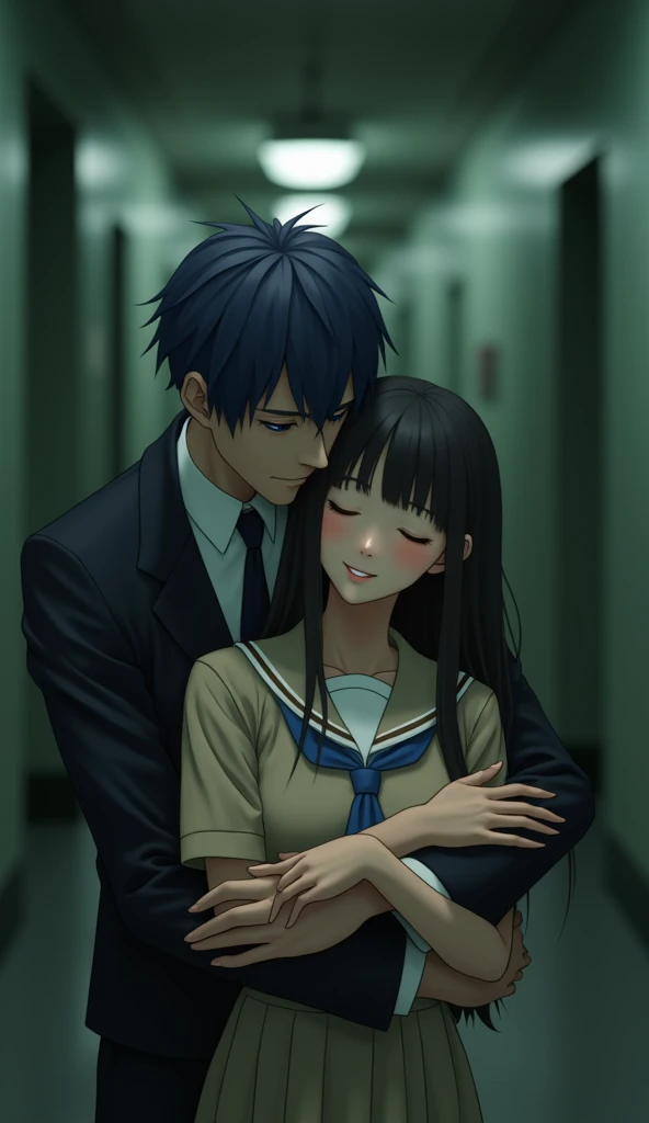 (32K:1.9, Highest quality, masterpiece, Ultra-high resolution), Perfect dynamic composition:1.3, Highly detailed skin and facial textures:1.3, Cute sexy slim Japanese schoolgirl, (Slim man, Height about 180cm), (They both close their eyes, Man hugging woman:1.3), Fair skin, ((Clarity:1.1)), (Man is anime「Fushigi Yūgi」Notamahome&#39;s Chinese-style costume:1.3, Blue Hair, beautiful目:1.3), (The woman is wearing a light brown uniform with a light blue tie.:1.3, Straight black hair.:1.3, smile:0.9, A man completely charms a woman:0.9, beautiful Blue Eyes, beautiful, Clear Eyes:0.8), Sexy Face:0.4, blush:1.1, (beautifulエロティシズムを醸し出す雰囲気:0.8), Professional random camera work, Cinematic Lighting Effects, (Full Body Shot), (Too erotic), romantic, mysterious, Object of admiration, original, dramatic, artistic, Innovative, charm, Heartful, Fancy, Tilt, sense of loss, special, exciting, Extreme, sense of openness, joy, joyの表現, ((若さのcharm, 女性的なcharm))