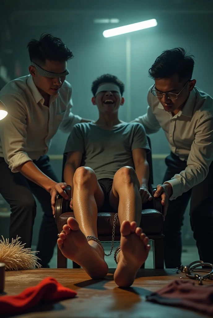 Malaysia malay handsome 21 years student
He laugh very hard
His hand handcuff in abondon warehouse
Blindfolded
handcuff
Casual Outfit Grey Vase
Focus sweaty feet on desk
Puma shoes under desk
feather duster on desk
Redsock on desk
2 evil mafia Rub his feet