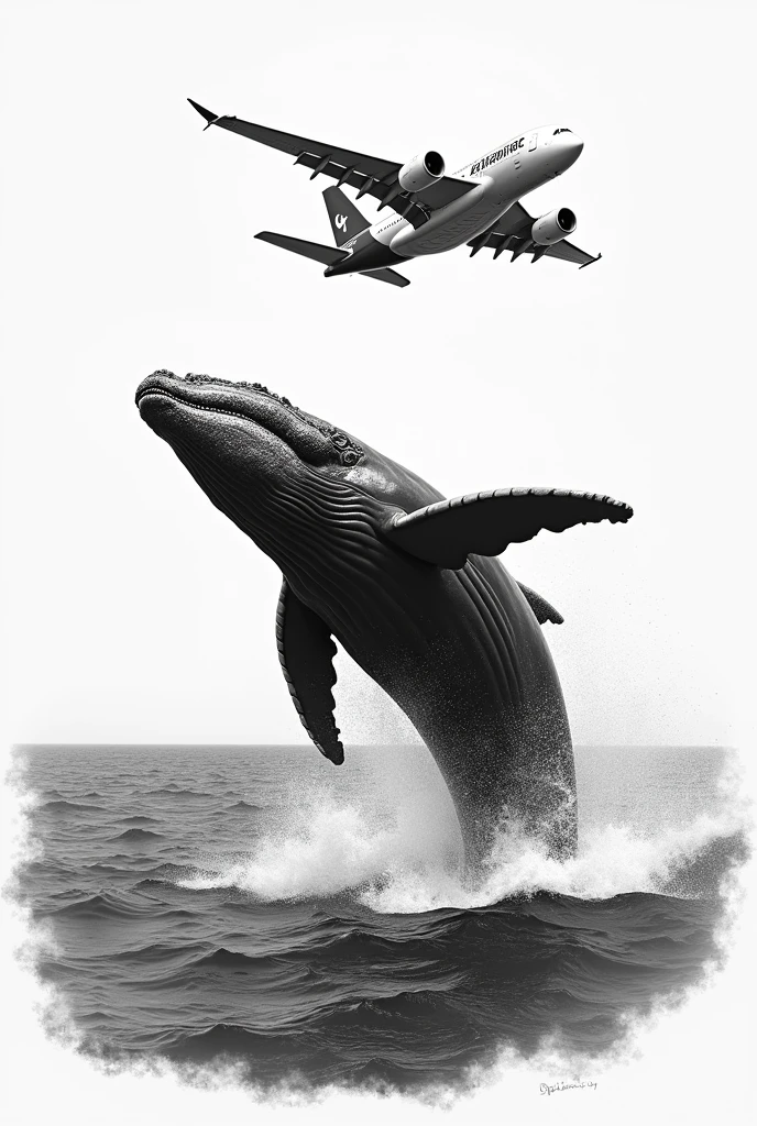 Create a realistic black and white arm tattoo of a HUMPBACK WHALE jumping on its back and looking at a TWIN ENGINE Airbus a380 flying over the sea.